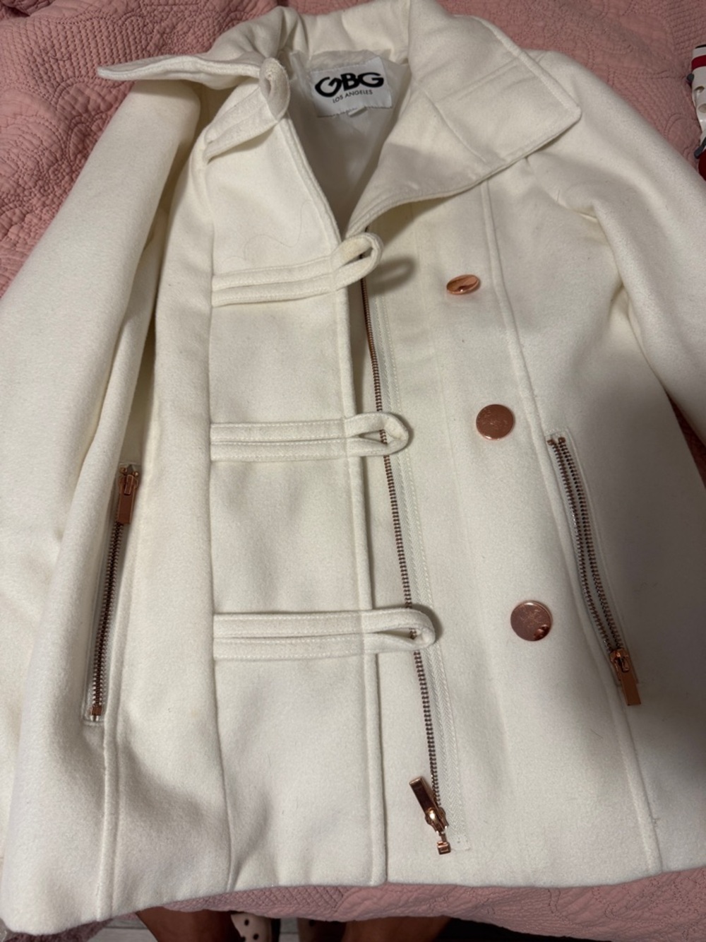 Guess Cream White Pea Coat with Rose Gold Hardware